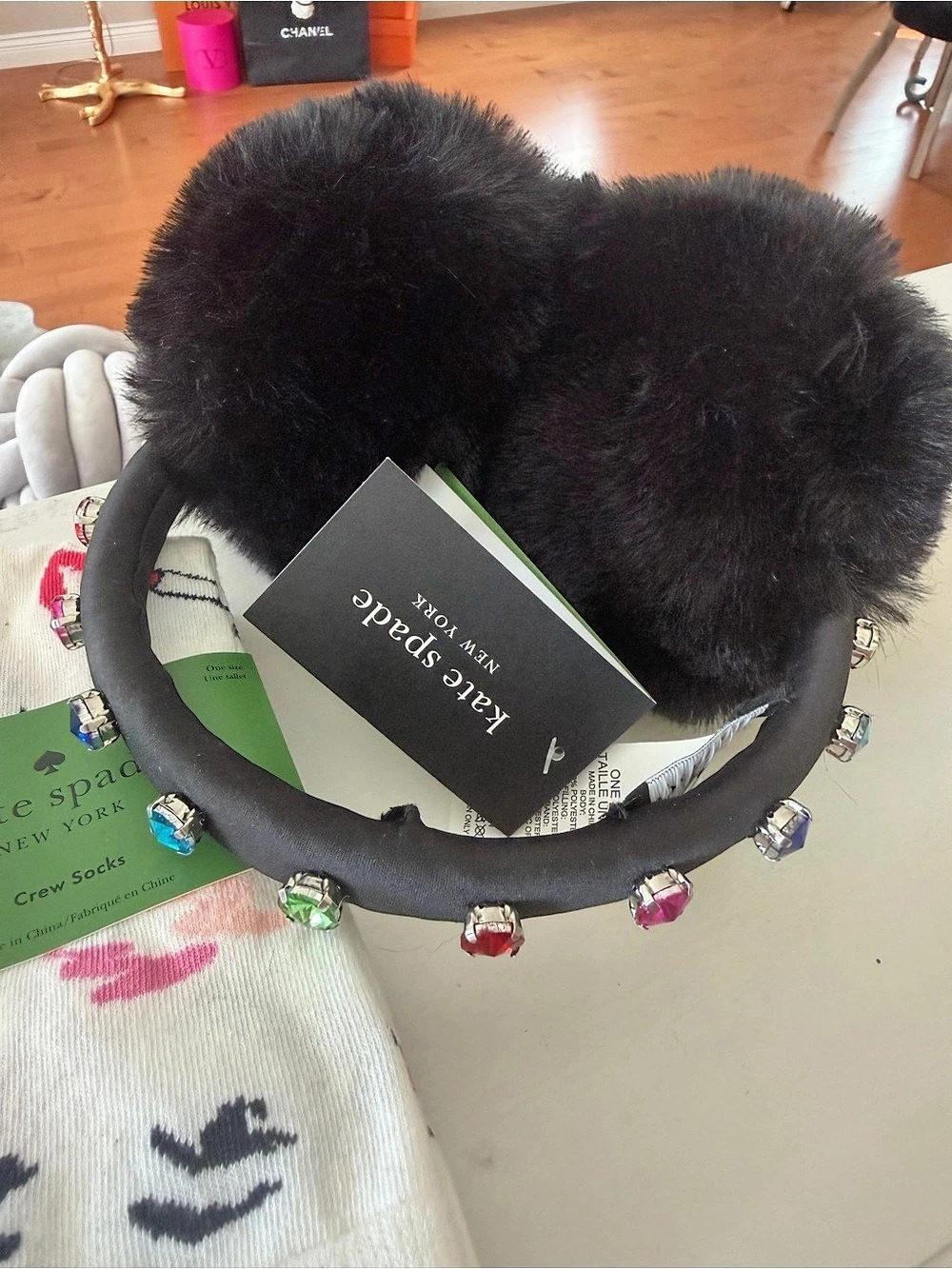 kate spade new york Rhinestone Embellished Faux Fur Earmuffs in Black NWT with 3